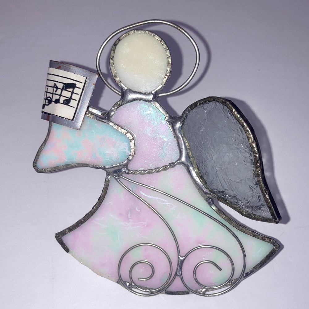 Handcrafted Pastel Pink & White Stained Glass Musical Angel Ornament Pre Owned